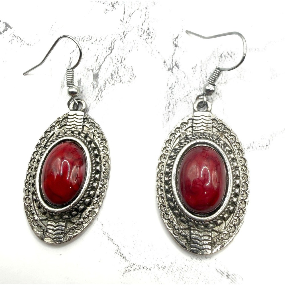 Vintage Style Silver Red‎ Cabochon Dangle Earrings Boho Medallion
